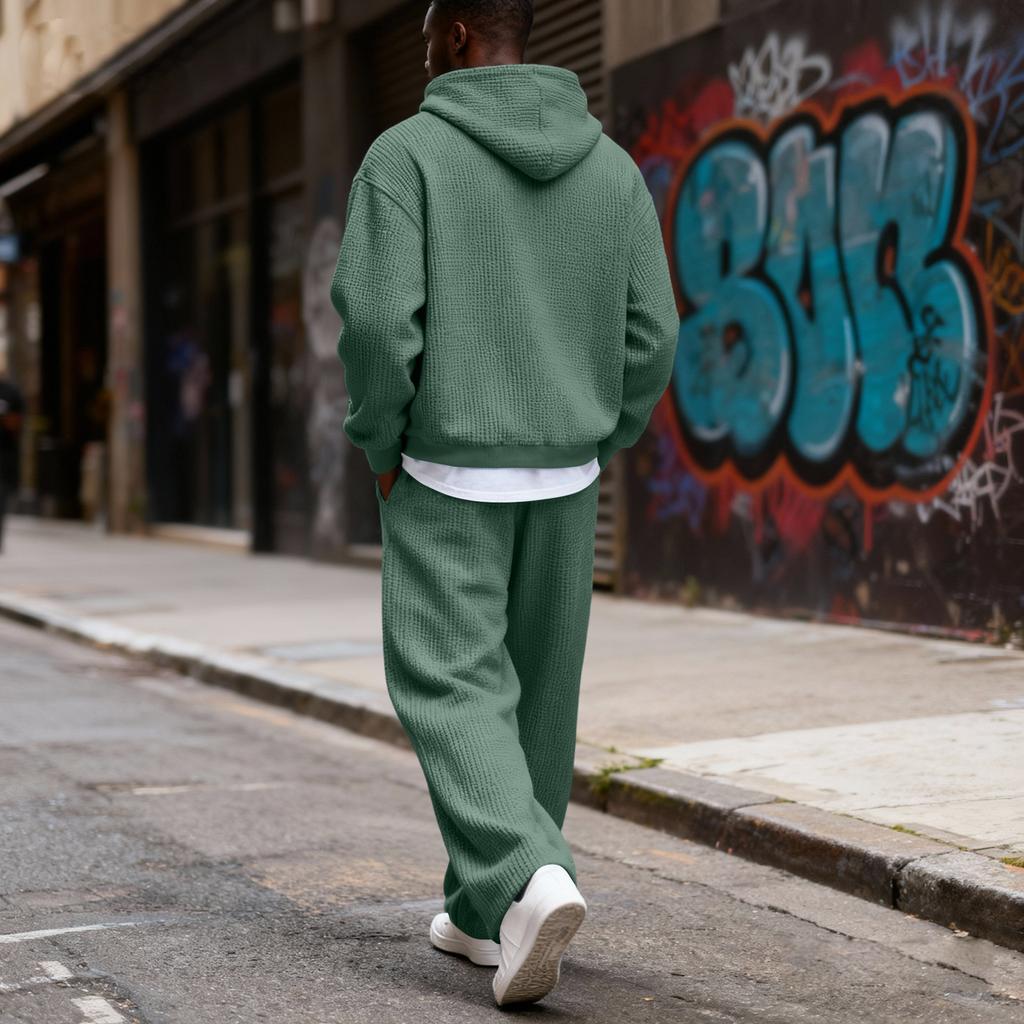 Мужской И Зимний Текстурный Худи на Молнии и Прямые Брюки Повседневный Комплект
