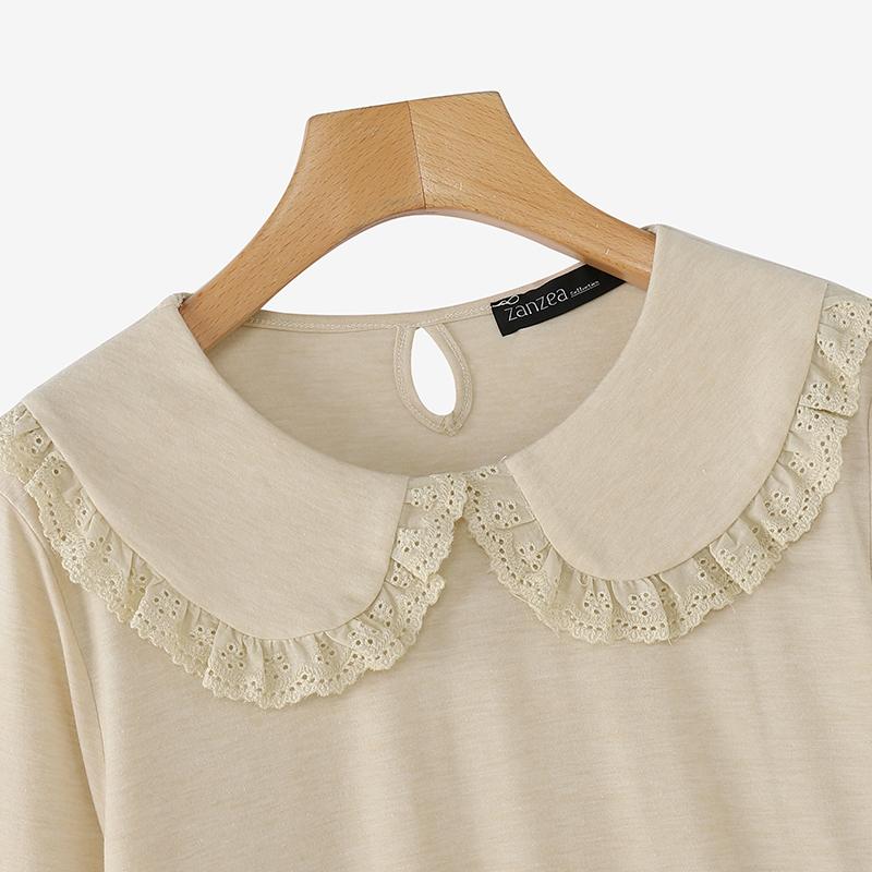 ZANZEA Женские осенние кружевные лацканы с длинным рукавом и принтом футболки