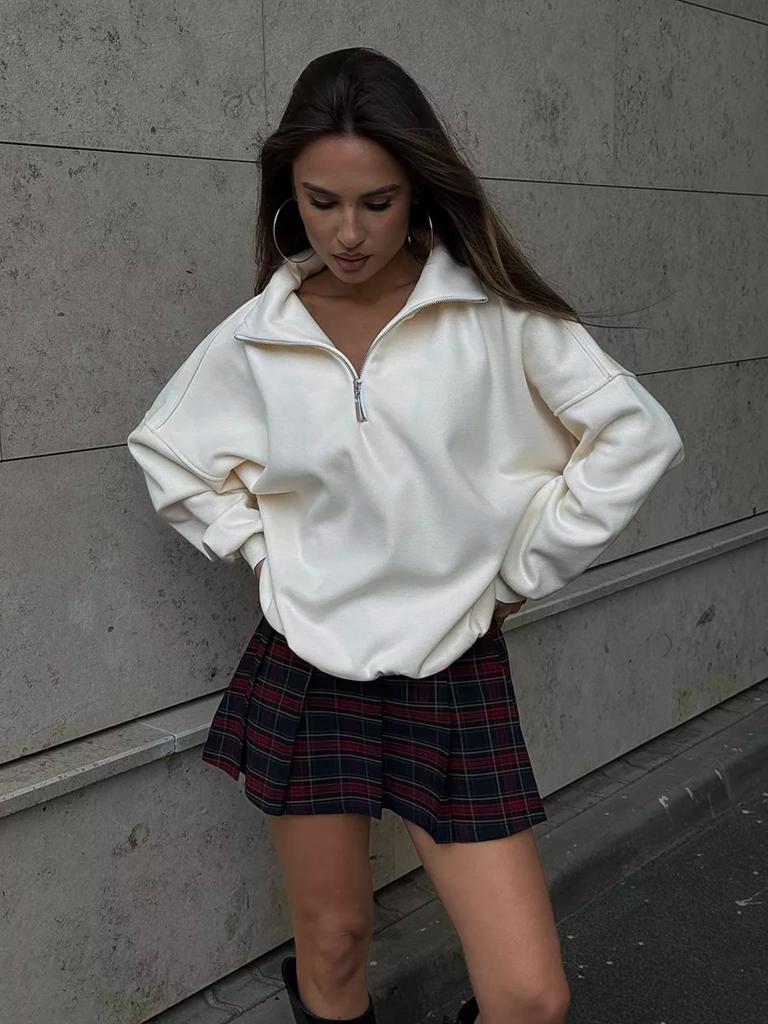 Однотонная верхняя одежда на половину молнии со стойкой воротником, модный трендовый свитшот с лацканами, свободный топ