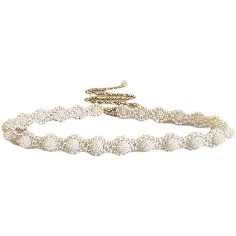 Новый регулируемый акриловый жемчужный пояс для женщин, дамский металлический тонкий цепной пояс для облегающего тела, цепи, ремни, платье, юбка, эластичный пояс