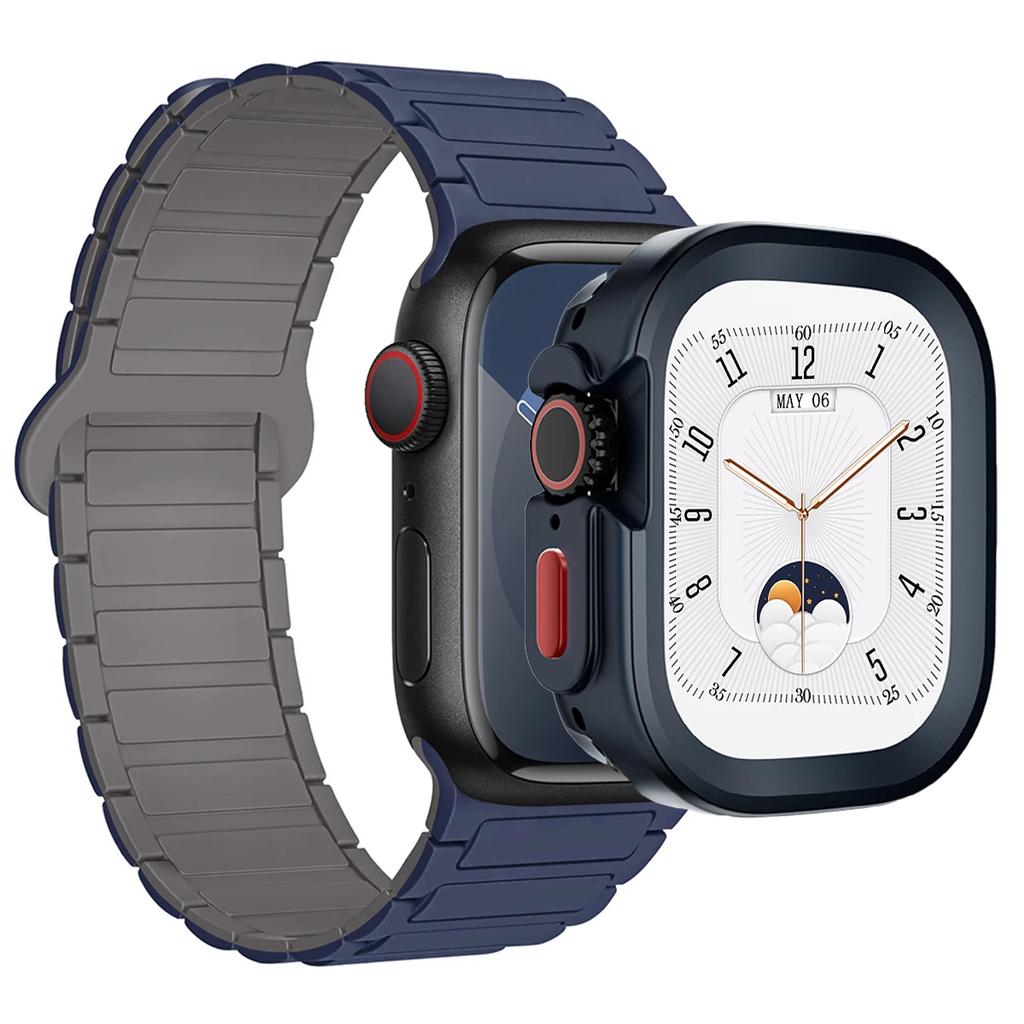 Ремешок+Чехол для Apple Watch Ultra 2 49 42 45 44 S10 46мм Магнитный силиконовый ремешок+чехол для IWatch Series 9 8 7 6 5 4 42мм 40 41мм