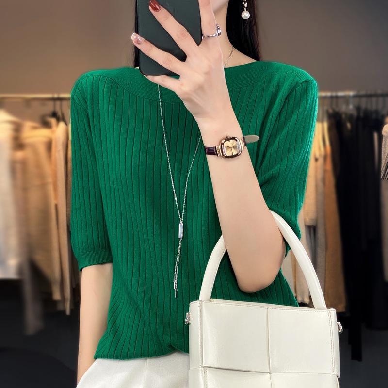 Вязаный свитер с рукавом пять четвертей для женщин, однотонный свободный свитер, повседневная базовая рубашка во французском стиле, свитер со средним рукавом на осень