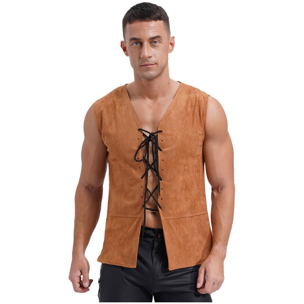 Mens Pirate Cowboy Vest Lace Up Front Solid Color Waistcoat Medieval Cosplay Halloween Costume