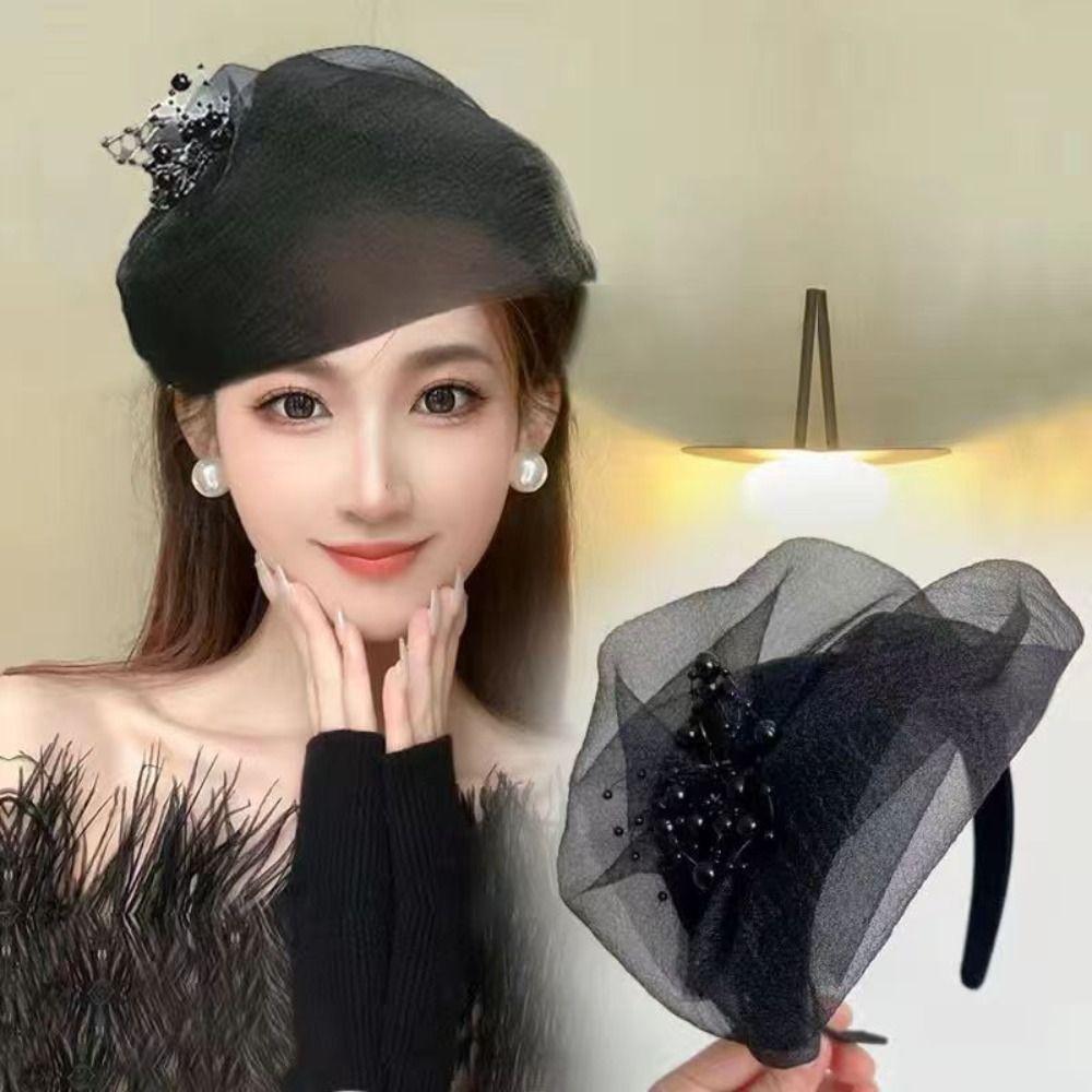 Plastic Bead Yarn Half Hat French Hair Hoop Elegant Mesh Veil Fascinator Hat