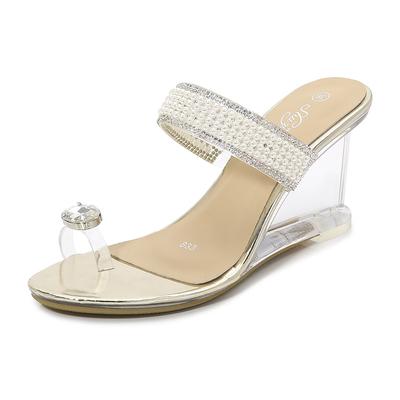 2023 Новые пикантные прозрачные туфли на высоком каблуке с жемчугом и стразами, женские босоножки на наклонном каблуке со стразами, LFD