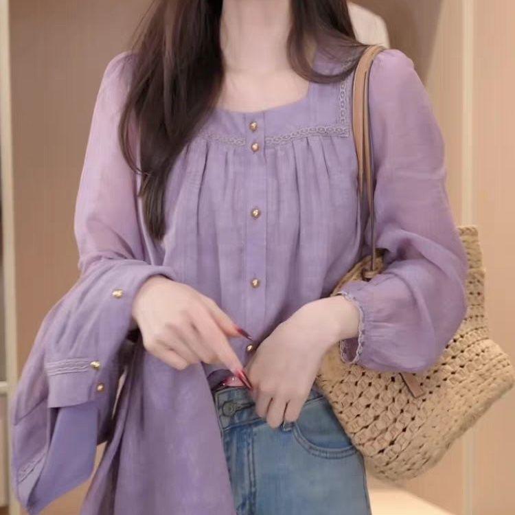 Spring/Summer French Fashion Square Neck Long Sleeve Women's Blouse - Sweet Design, Straight Shoulder, Loose Fit