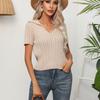 GMXIA Women's Fashion Casual Solid Color Print Summer Spring Short Sleeve V-Neck Knitted Short Sleeves