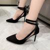 Black Large-size High-heeled Shoes Niche Design Sense 2025 New Sexy Cross-strap Pointed Head Shallow Mouth Temperament Single Shoes