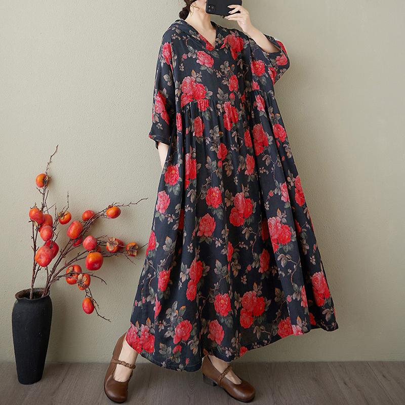 DIMANAF 2025 Плюс Размер Летнее Платье-Шляпа Женское Повседневное Винтажное Длинное Платье Свободное Цветочное Печать Льняное Платье Макси