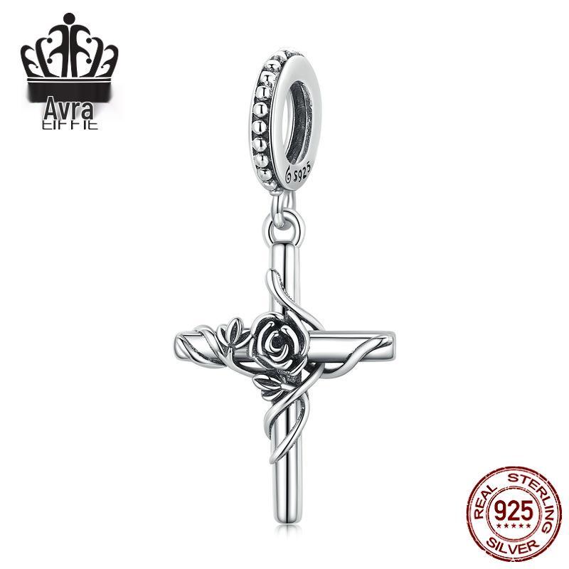S925 Sterling Silver Rose Cross Pendant Bracelet with European & American Style Flower Beads