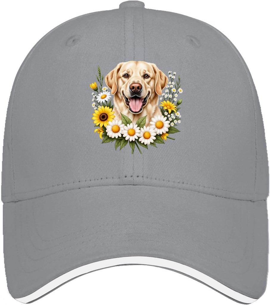 Labrador Dog Sunflower Daisy Floral Print Baseball Cap Unisex Polyester Adjustable Outdoor Hat