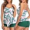 Women 2 Piece Flounce Printed Top With Boyshorts Swimwear Bikini Set