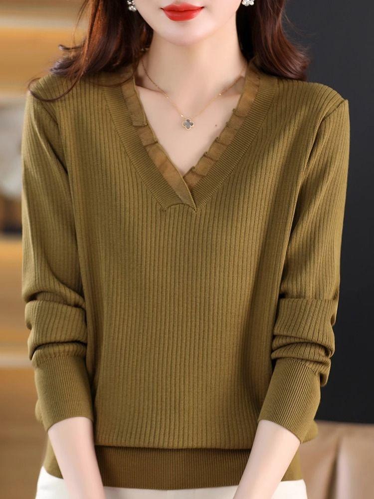 Весенне-осенняя мода кружевной V-образный вырез с длинными рукавами вязаный свитер тонкий свитер топ базовая рубашка для женщин