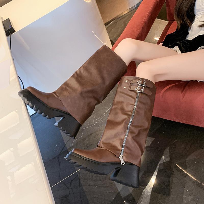 Женские ботинки на толстой подошве 2025 осень и зима новые модели, но ботфорты, маленькие ботильоны, женские ботинки-рыцари на платформе