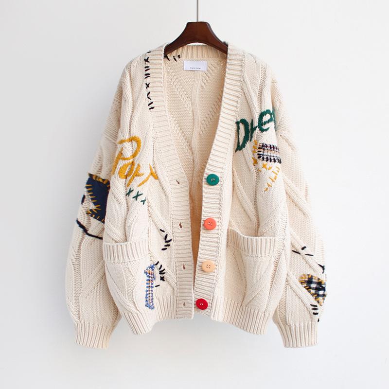 Autumn and Winter Women's Sweater Fashion Lazy Wind Embroidered Sweater Letter Design Loose Knitted Cardigan Jacket