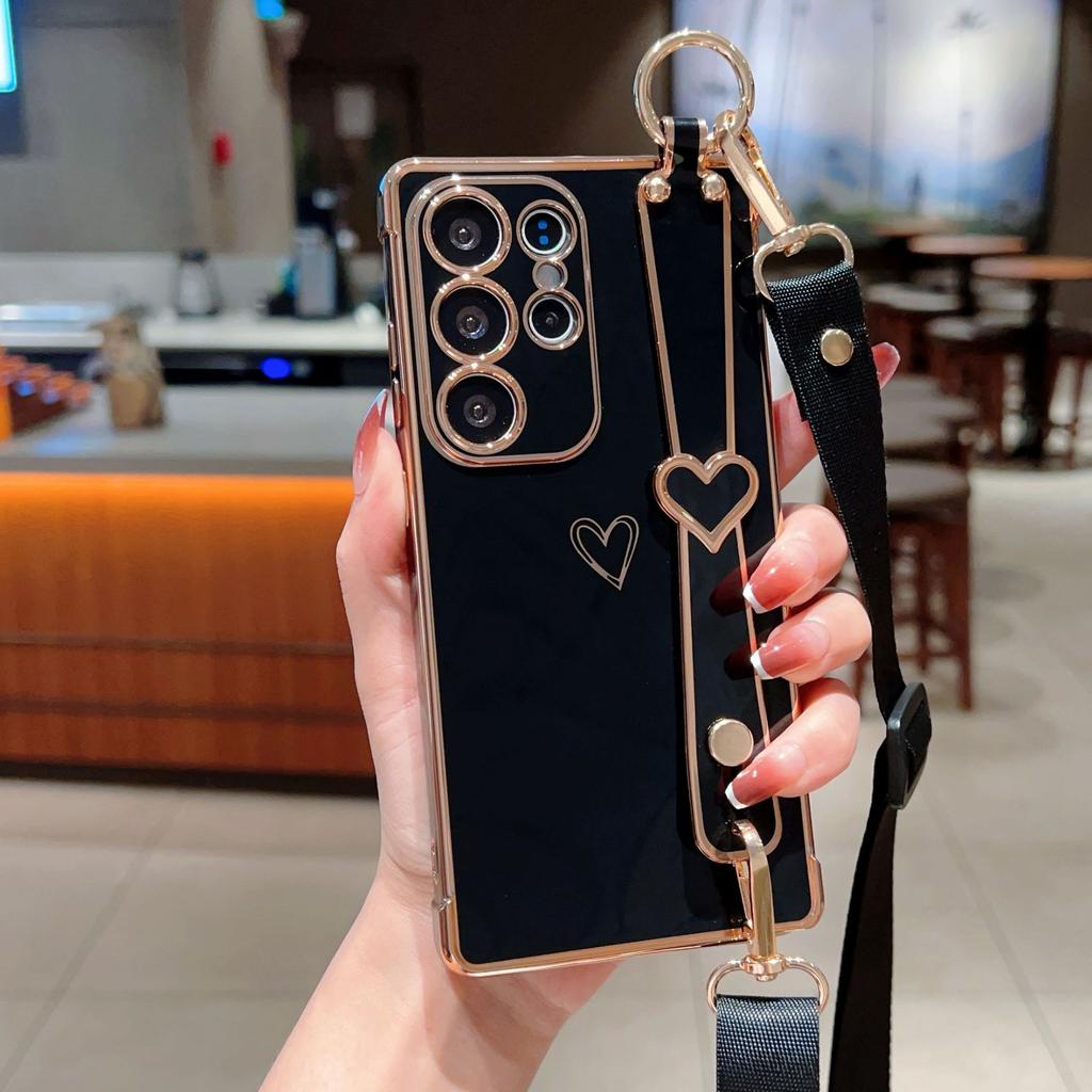 Гальваническое покрытие Любовь Подходит для чехла для мобильного телефона Samsung S25 Ultra S24FE Ремешок на запястье Подставка Шнурок A56 Защитный чехол