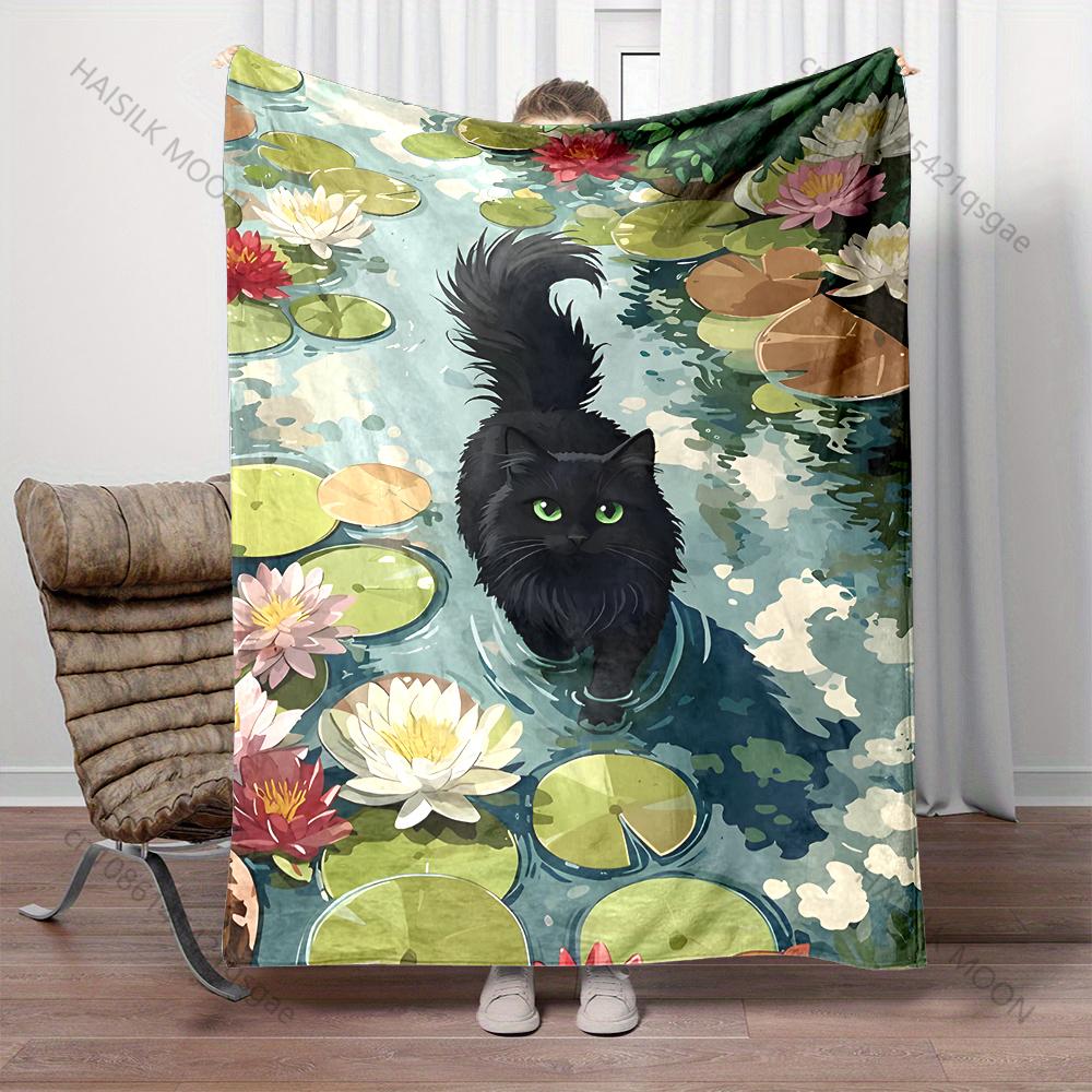 Multiple sizes Black cat walking in lily pond Blanket Suitable for Home Bedroom Sofa Travel Camping Blanket Various Sizes Gifts