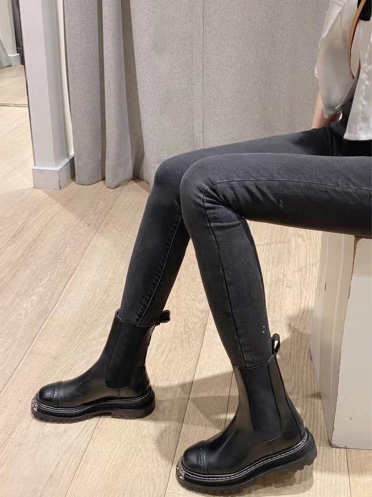 Fashion Women Boots Ladies Metal Square Head Shoes Slip On Ankle Mid Calf Boots Platform Non Slip Leather Soft New Footwear Woman Spring