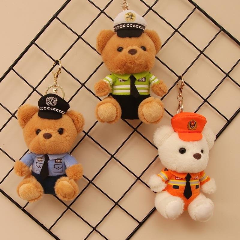 Adorable Plush Teddy Bear Keychain Soft Pp Cotton Stuffed Toy Police Firefighter
