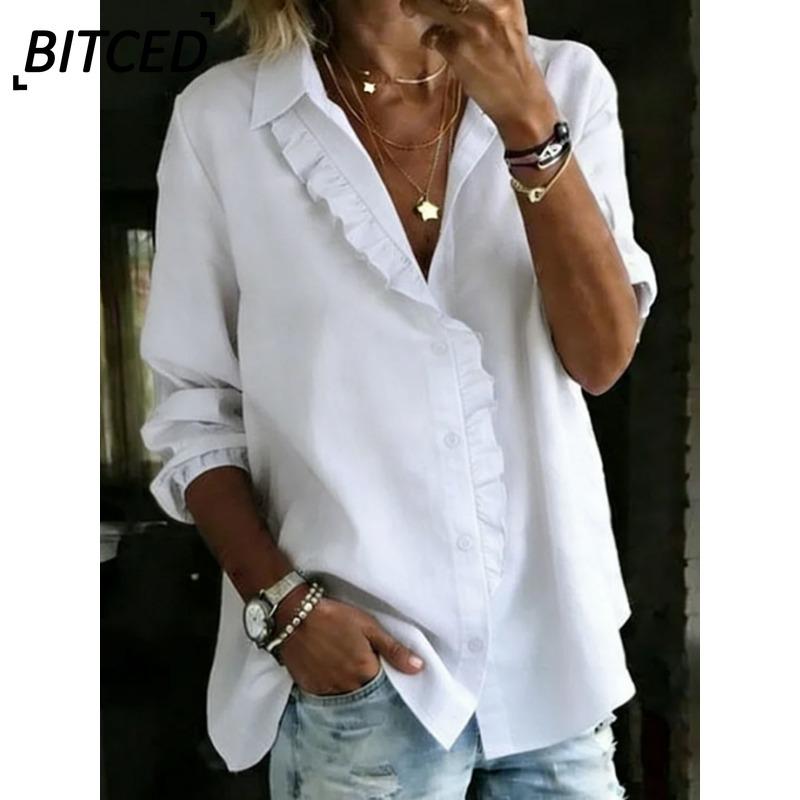 BITCED Женские модные повседневные однотонные блузки и рубашки с v-образным вырезом и длинным рукавом с принтом