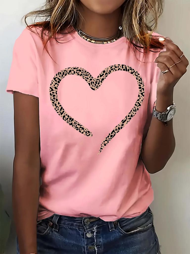Женская футболка с коротким рукавом и круглым вырезом с леопардовым принтом в виде сердца, повседневная, модная, с графическим принтом, топ в стиле Y2k, женская одежда
