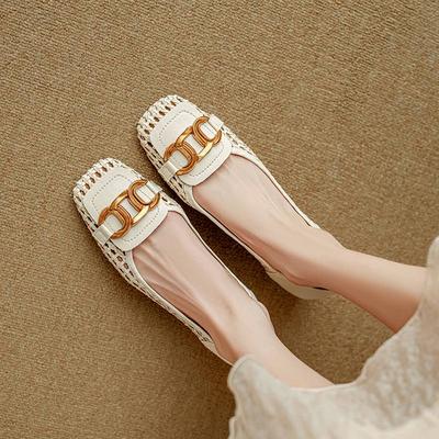 Плетение из коровьей кожи Летний размер 41 Толстый каблук Туфли для вечеринки Женские Женские Квадратный носок Металлическая отделка Лодочки