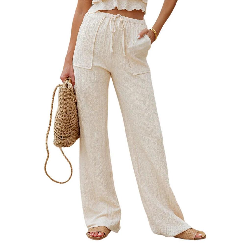 Женские модные однотонные повседневные брюки с высокой талией и эластичным поясом на карманах