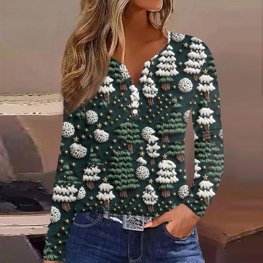 Женская модная повседневная футболка с длинным рукавом и V-образным вырезом на рождественском принте на пуговицах