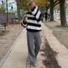 New High Waist Loose Straight Leg Pants for Women American Style Casual Striped Trousers with Lace Up