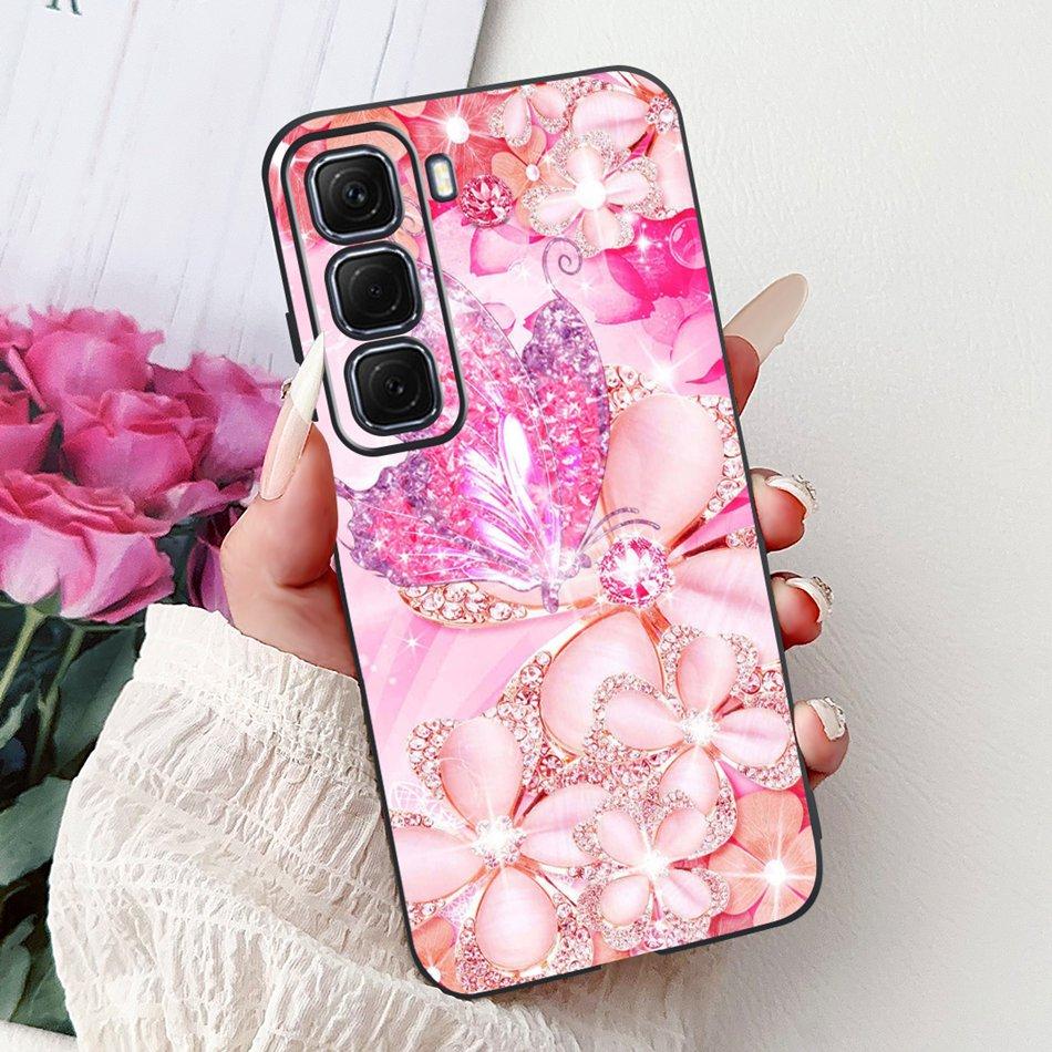 For Infinix Hot 50 4G Phone Case Hot 50 Pro+ 4G Hot50 Pro Elegant Floral Cat Pattern Black Silicone Soft TPU Cases