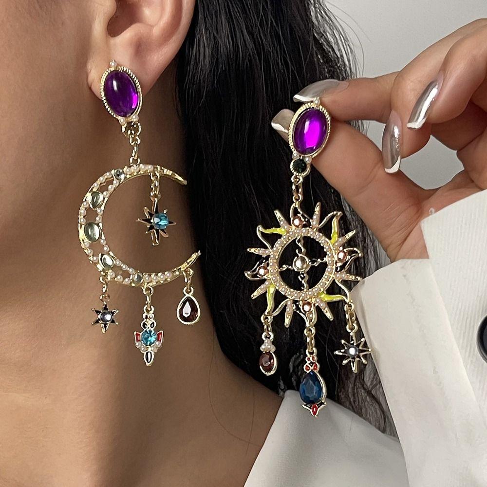 Handmade Sun&Moon Earrings Minority Design Crystal Earrings Temperament Dangle Earring Women