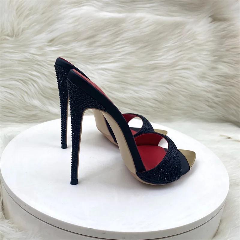 Кристально-черные блестящие модные женские босоножки на каблуках 12 см, свадебные сексуальные туфли, женские тапочки, большие размеры 33-45