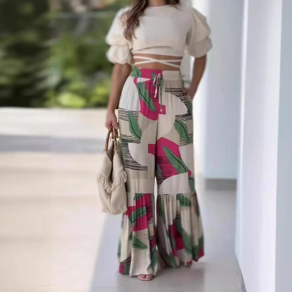 Women's Printed Elastic Waist Patchwork Long Wide Leg Trousers