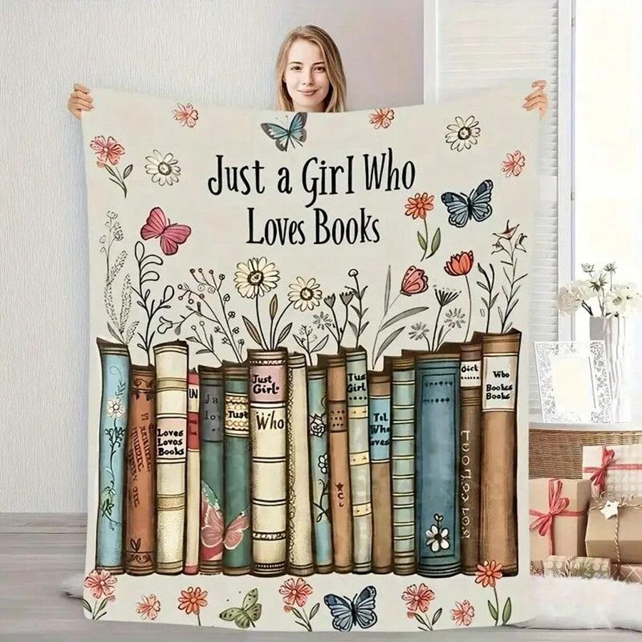 1pc Floral Book Stack Gift for Daughter Flannel Blanket, 2D Print Soft Warm Throw, All Season Cozy Blanket for Bedroom Living Ro