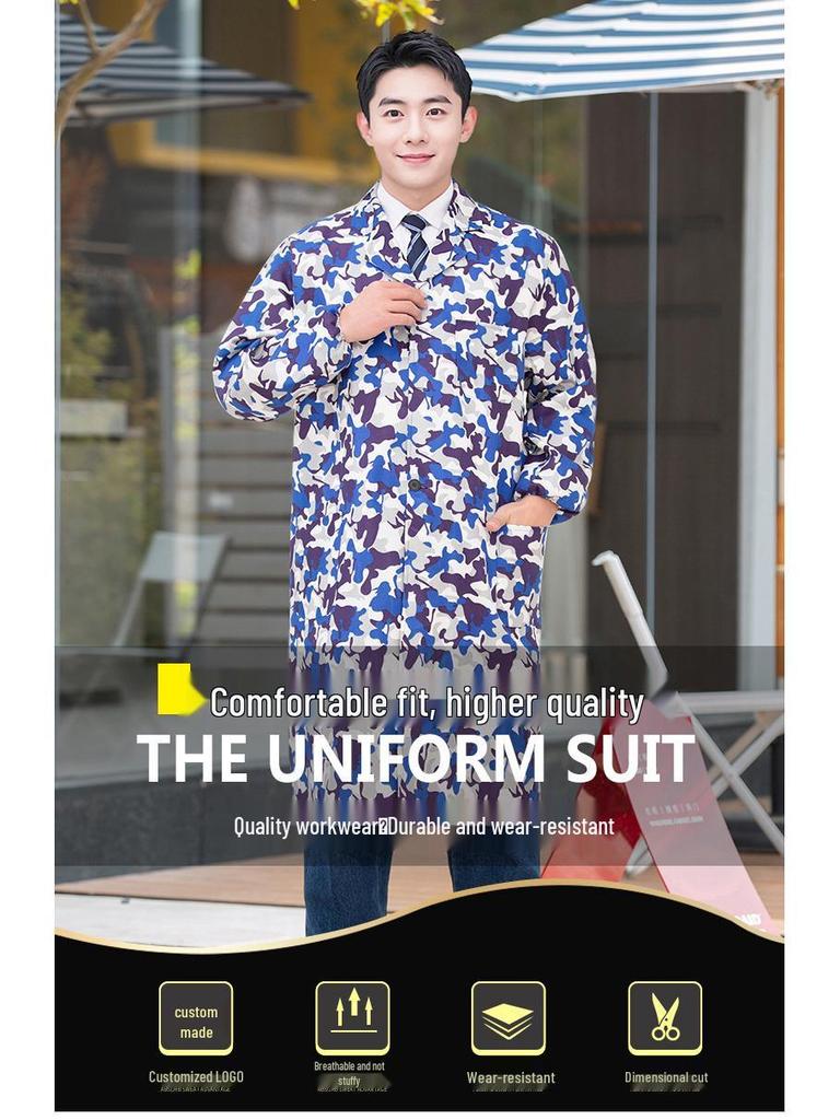 Unisex Long Blue Camouflage Dustproof Workwear Overcoat with Sleeves