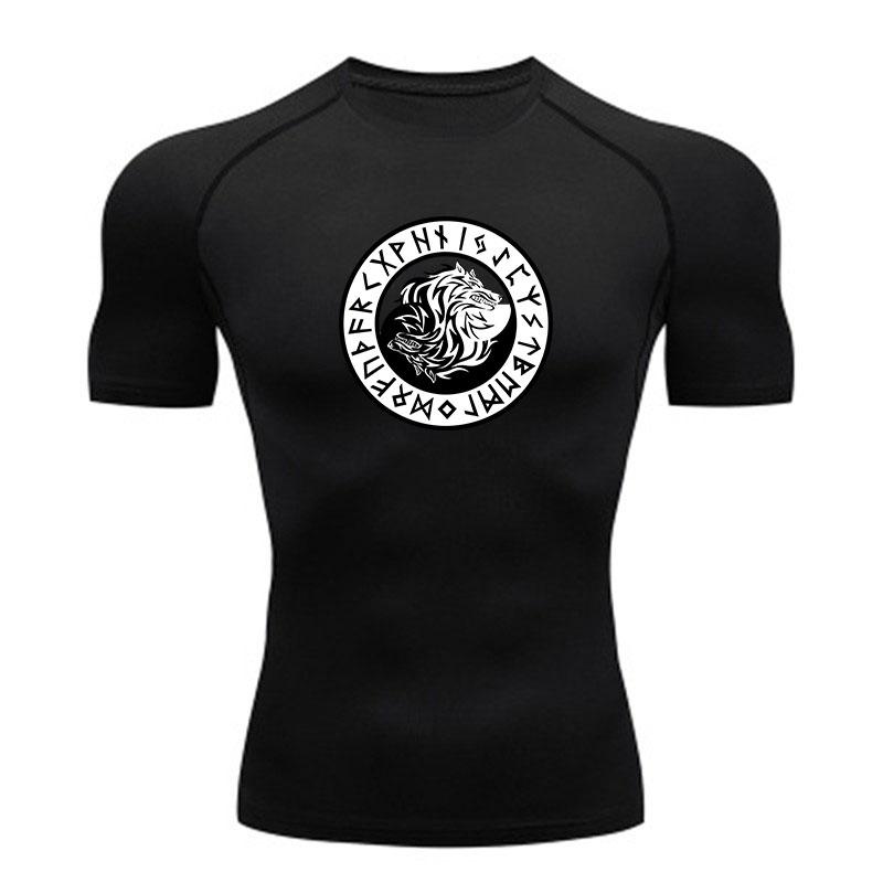 Men's Compression Athletic T-Shirt, Norse Wolf Rune Print Qu