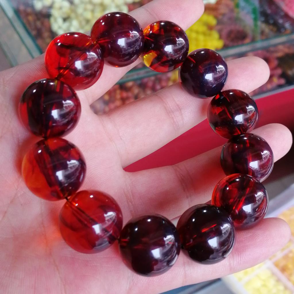 Real Mexican Blood Amber Bracelet Men Women Healing Jewelry Red Ambers Gemstone Beads Elastic Beaded Bangles Lucky Amulet Gifts