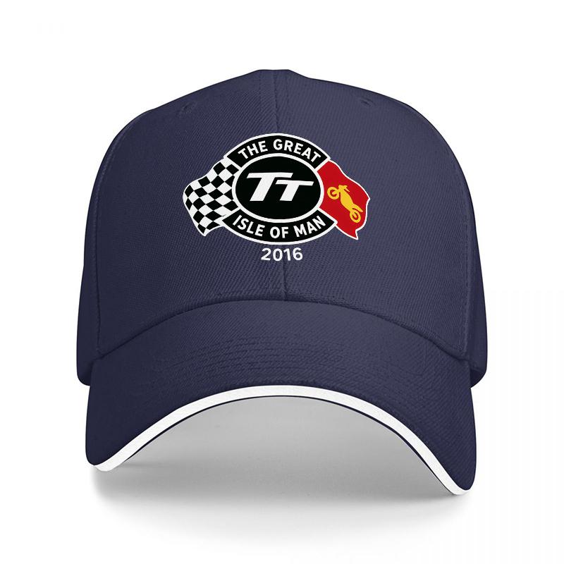 TT Isle of Unisex  Racing Logo Black Baseball Cap with Checkered Flag Design and White Trim for Motorsport Fans