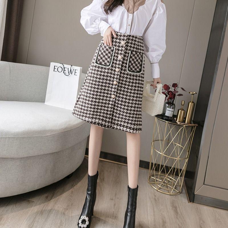 Женская клетчатая роскошная гусиная лапка с жемчугом и пуговицами с разрезом и высокой талией, шерстяная теплая юбка трапециевидной формы, зима-осень-весна, модная сексуальная юбка