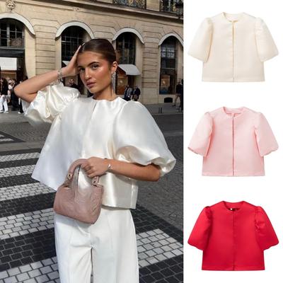 Атласные элегантные рубашки, женские белые фонарики с коротким рукавом и круглым вырезом, свободные женские блузки, весенне-летние женские топы, шикарная уличная одежда