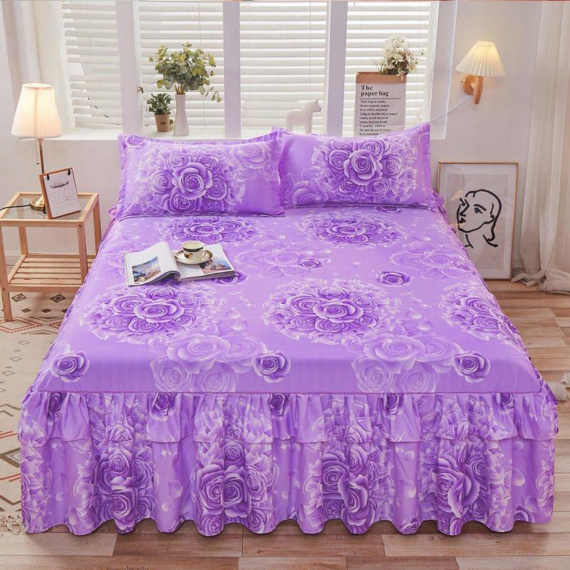 Набор из 3 предметов: Принтованная юбка для кровати 1 юбка для кровати + 2 наволочки, Цветочная кружевная юбка для кровати, Дышащее мягкое покрывало, Постельное белье, Защитный чехол для матраса с защитой от скольжения 360°