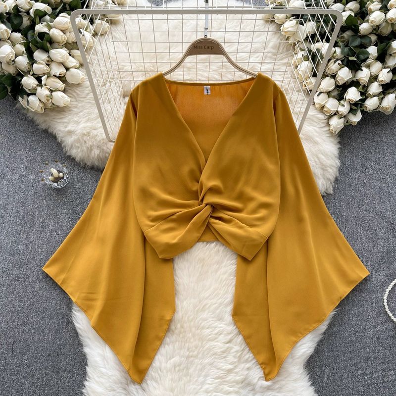 Niche Style V-neck Knot Flared Chiffon Long Sleeves Shirt