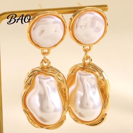 Earrings 1 Pair Drop for Women, Irregular Baroque Imitation Pearl Design Date Night Stud Earrings, Double-Layered Pendant French Style Commuting