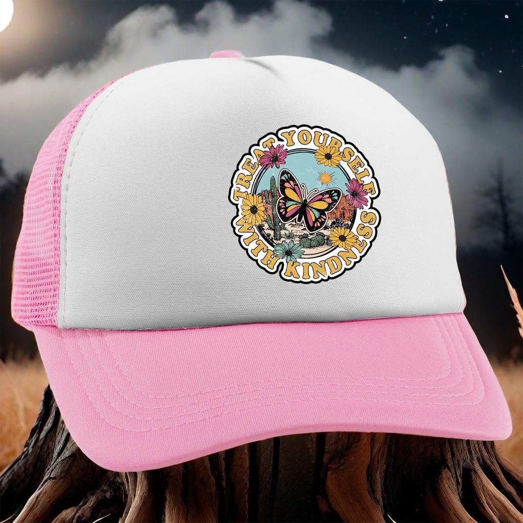 Treat Yourself With Kindness Butterfly Desert Trucker Hat Breathable Mesh Back Adjustable Casual Baseball Cap