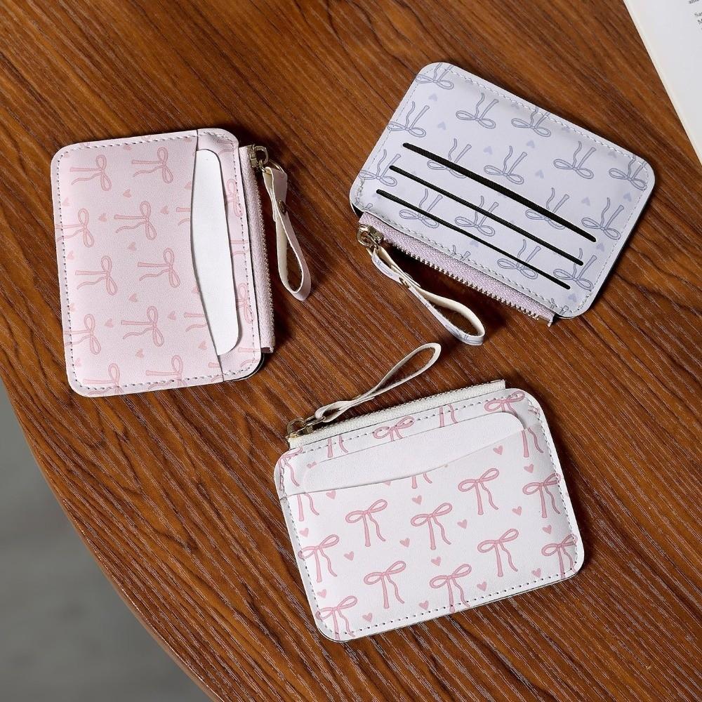 Portable PU Leather Bow Wallet Multi-card Slot Zipper Short Card Bag Multi-functional Storage Card Holder Outdoor