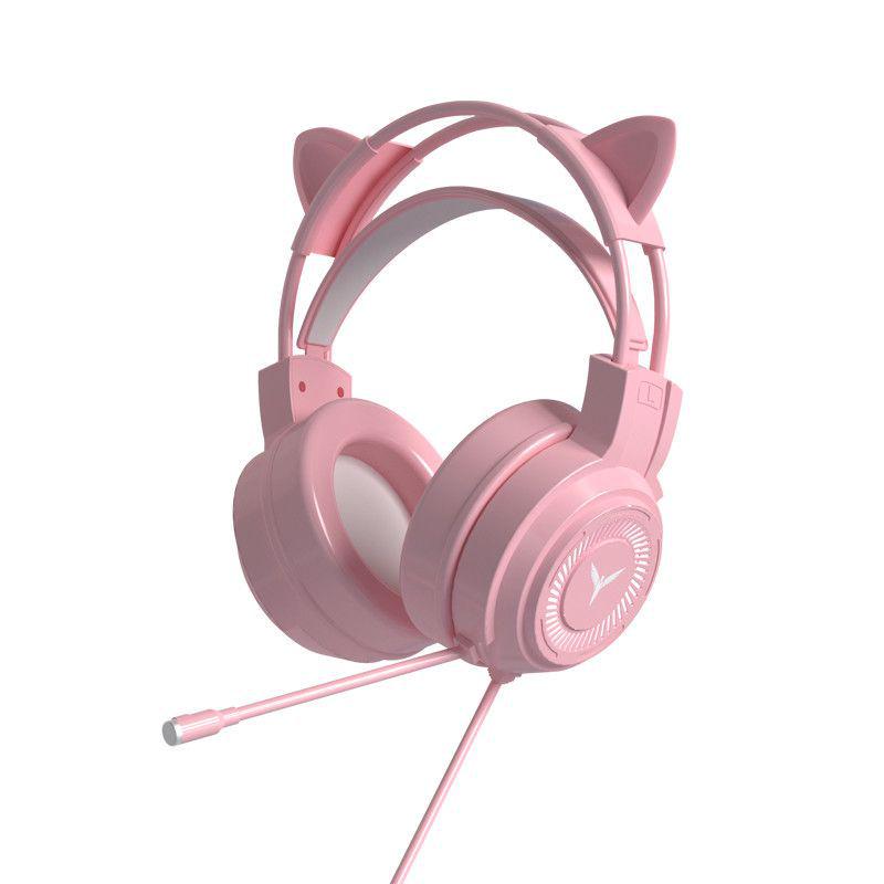Pink Cat Ear Over-Ear Wired Headphones for Gaming and Esports - Cute Girly Design with Heart Accent.