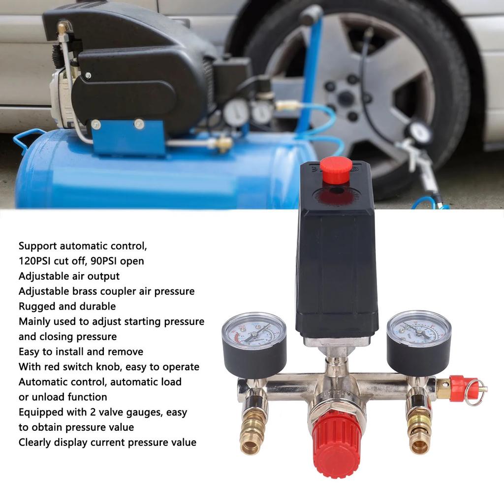 90-120PSI AC Air Compressor Pressure Switch Valve Control Kit Vertical Switch Manifold Regulator Gauges Safety Valve