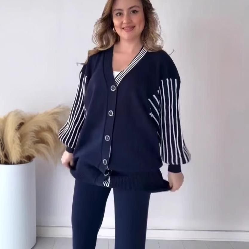 В наличии 2025 Осень/Зима Европейская и Американская Мода Полосатый Повседневный Ленивый Стиль Комплект