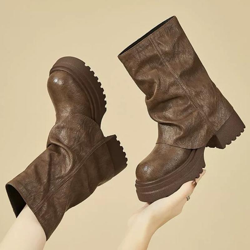 Женские ботильоны на платформе, массивные туфли, элегантные, зима 2025, новые, плиссированные челси из кожи, женские туфли-лодочки для вечеринки, боты
