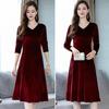 Женское бархатное платье осень-зима однотонное платье с V-образным вырезом средней длины А-силуэтное платье для свадьбы подружки невесты вечеринки повседневная одежда